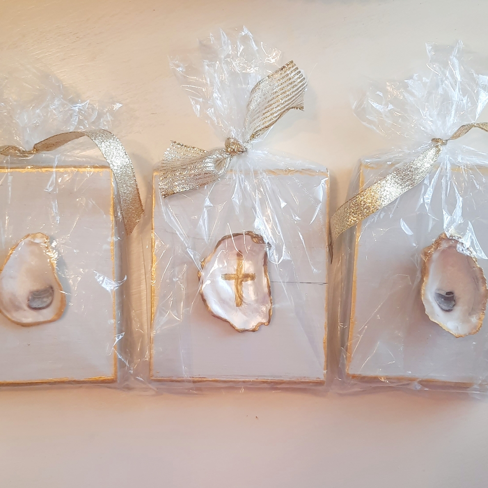 Decorative Oyster Shell Planks with Ornate Gold Cross Home Accent - Home Decor.